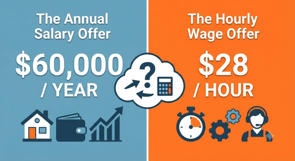 Annual salary ($60,000) versus hourly wage ($28)