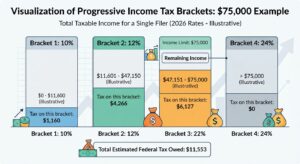 Visualization of Progressive Income Tax Brackets: $75,000 Example