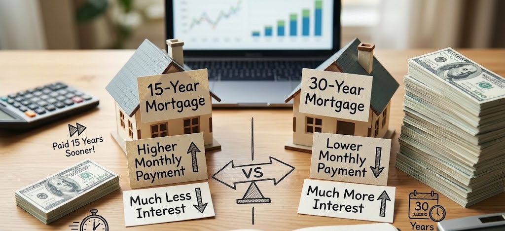 15 year vs 30 year mortgage infographic: a 15-year mortgage has a higher monthly payment and much less interest, a 30-year mortgage has a lower monthly payment and much more interest, shown on a $300,000 loan