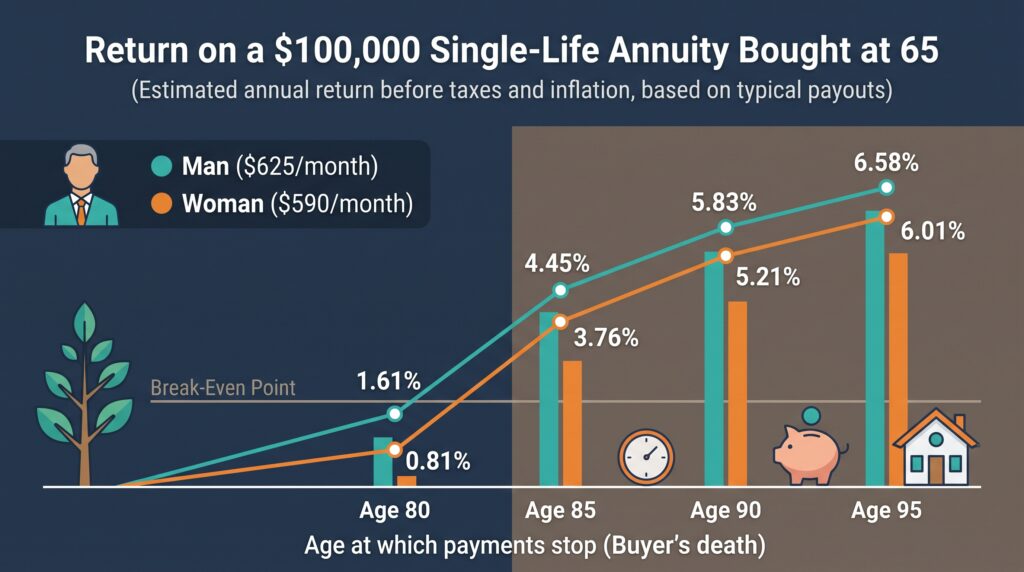 Return on a $100,000 single-life annuity bought at 65, by age when the payments stop (before taxes and inflation).
