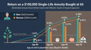 Return on a $100,000 single-life annuity bought at 65, by age when the payments stop (before taxes and inflation).