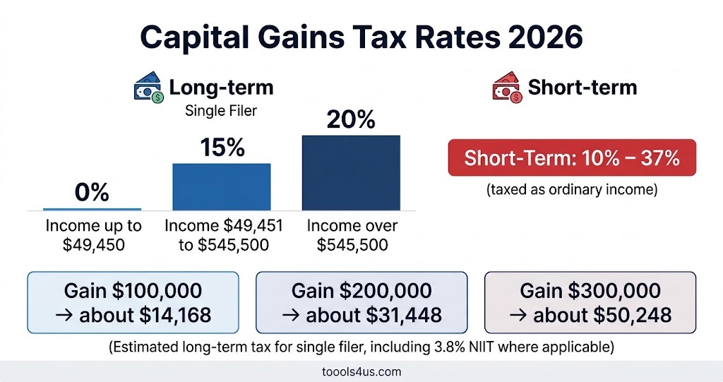 Capital gains tax rates 2026 infographic: long-term 0%, 15% and 20% thresholds for a single filer, short-term 10% to 37%, and tax on a $100,000, $200,000 and $300,000 gain