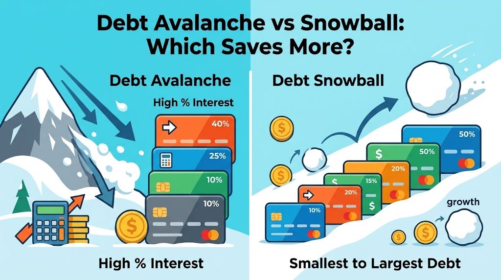 Debt avalanche vs snowball infographic: avalanche pays the highest-interest debt first, snowball pays the smallest balance first