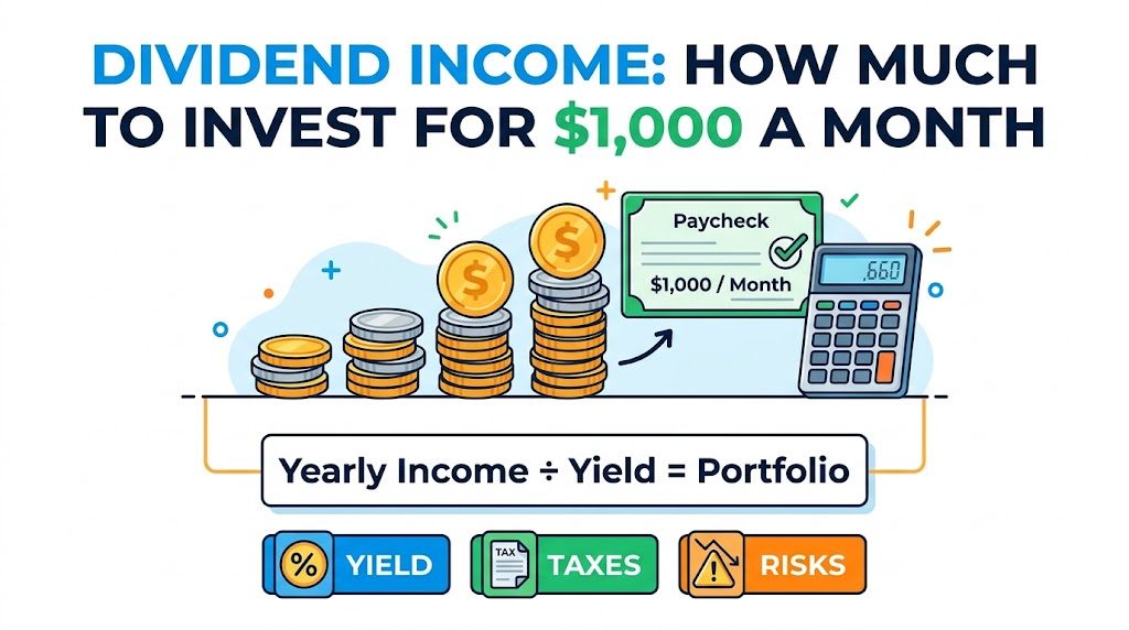 Dividend income infographic: yearly income divided by yield equals portfolio needed for $1,000 a month, with yield, taxes and risks
