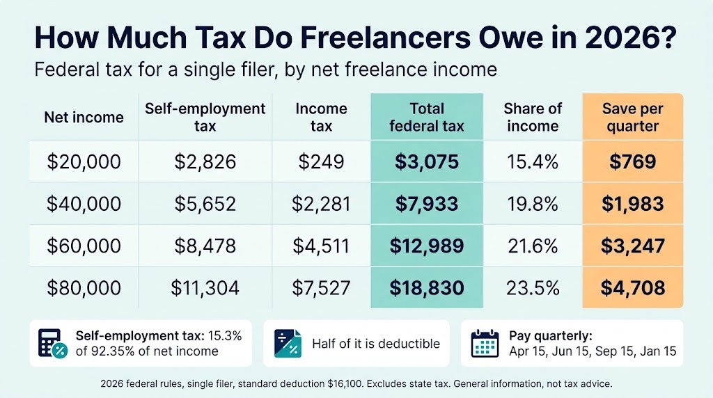 Freelance tax infographic for 2026: federal self-employment and income tax for a single filer at $20,000, $40,000, $60,000 and $80,000 of net income, with the amount to save each quarter
