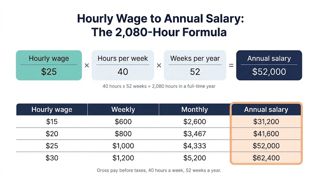 Hourly wage to annual salary infographic: hourly wage times 40 hours a week times 52 weeks equals annual salary, for example $25 an hour is $52,000 a year, with a table of $15, $20, $25 and $30 an hour