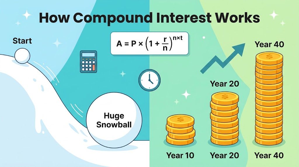 How compound interest works infographic: a growing snowball, the compound interest formula and coin stacks at year 10, year 20 and year 40