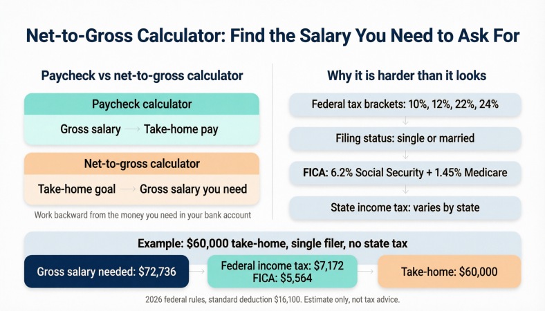 Net-to-gross calculator infographic: a paycheck calculator turns gross salary into take-home pay, while a net-to-gross calculator finds the gross salary you need for a take-home goal, with an example of $72,736 gross for $60,000 take-home